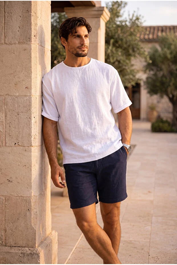Godard Relax Fit %100 Pamuk Müslin Kumaş Duble Kol Bisiklet Yaka Erkek T-Shirt - Kahve